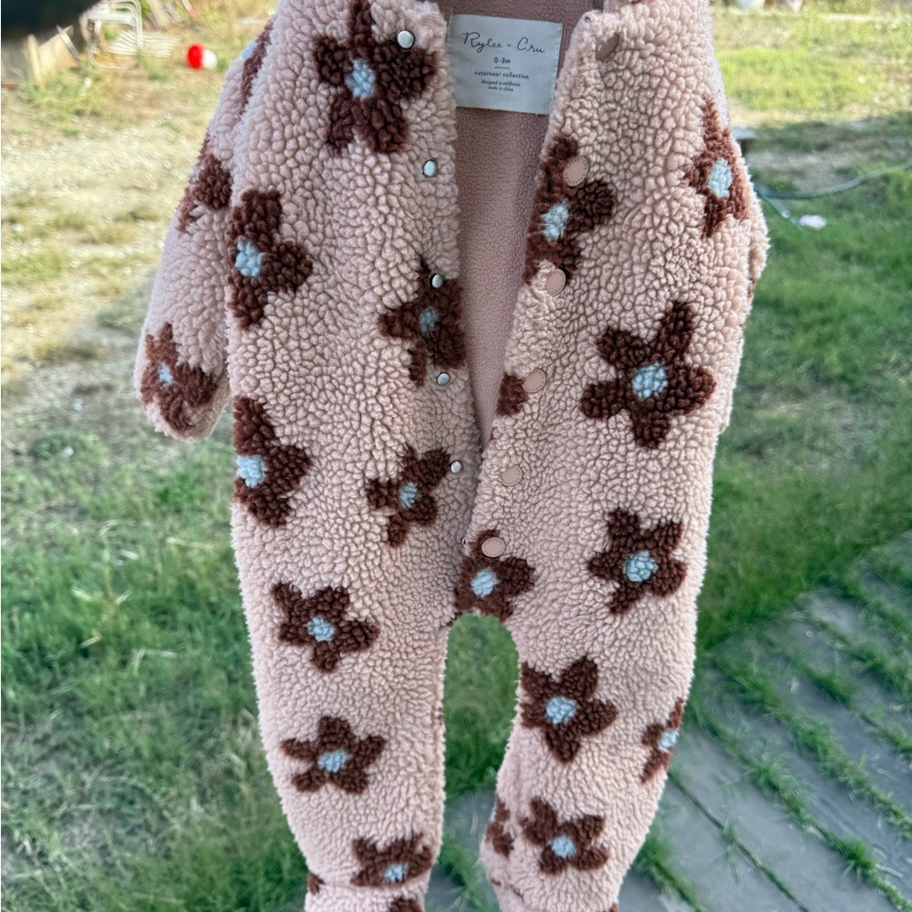 Rylee + Cru Floral Puff Sherpa Bodysuit in Cream and Brown